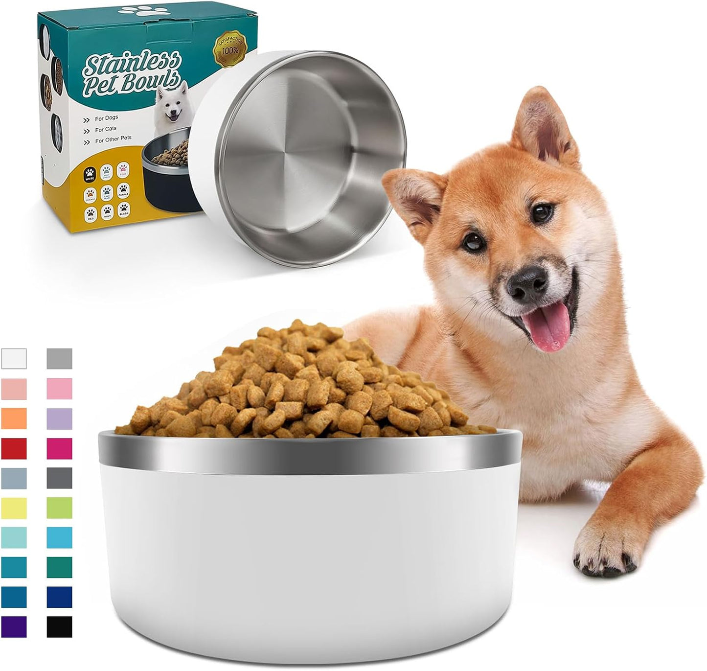 IKITCHEN Dog Bowl for Food and Water, 40 Oz Stainless Steel Pet Feeding Bowl, Durable Non-Skid Double Wall Insulated Heavy Duty with Rubber Bottom for Medium Large Dogs (40 Ounces/5 Cup, White) - Pet Explorer