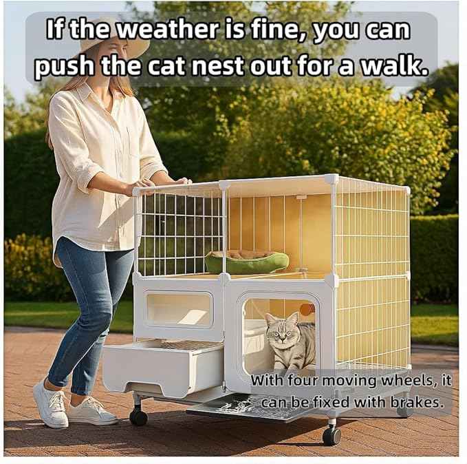 Indoor cat cage with Litter Box, Complimentary Cat Bed, Bow,lcat House with Wheels Outdoor,Large cat Villa Playpen, Small Animal Dog Kennel cat enclosures (42″(L) x18.2″(W) x46.2″(H))