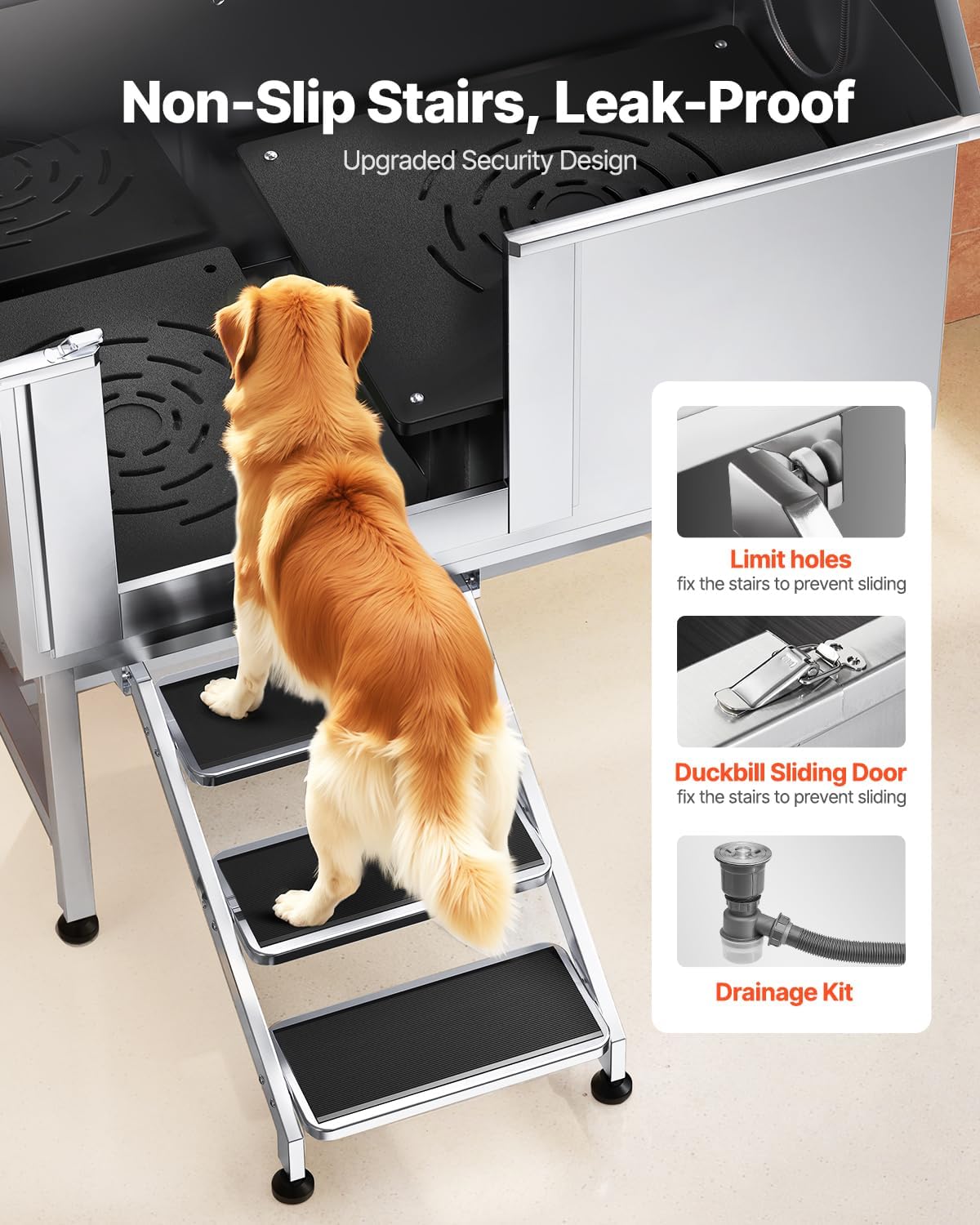 VEVOR Stainless Steel Dog Washing Station, Professional 50 inch Pet Grooming Tub w/Stairs, PE Water Filter Board, Faucet & Showerhead & Soap Holder Bathtub for Large & Medium & Small Pets (Left Door) - Pet Explorer