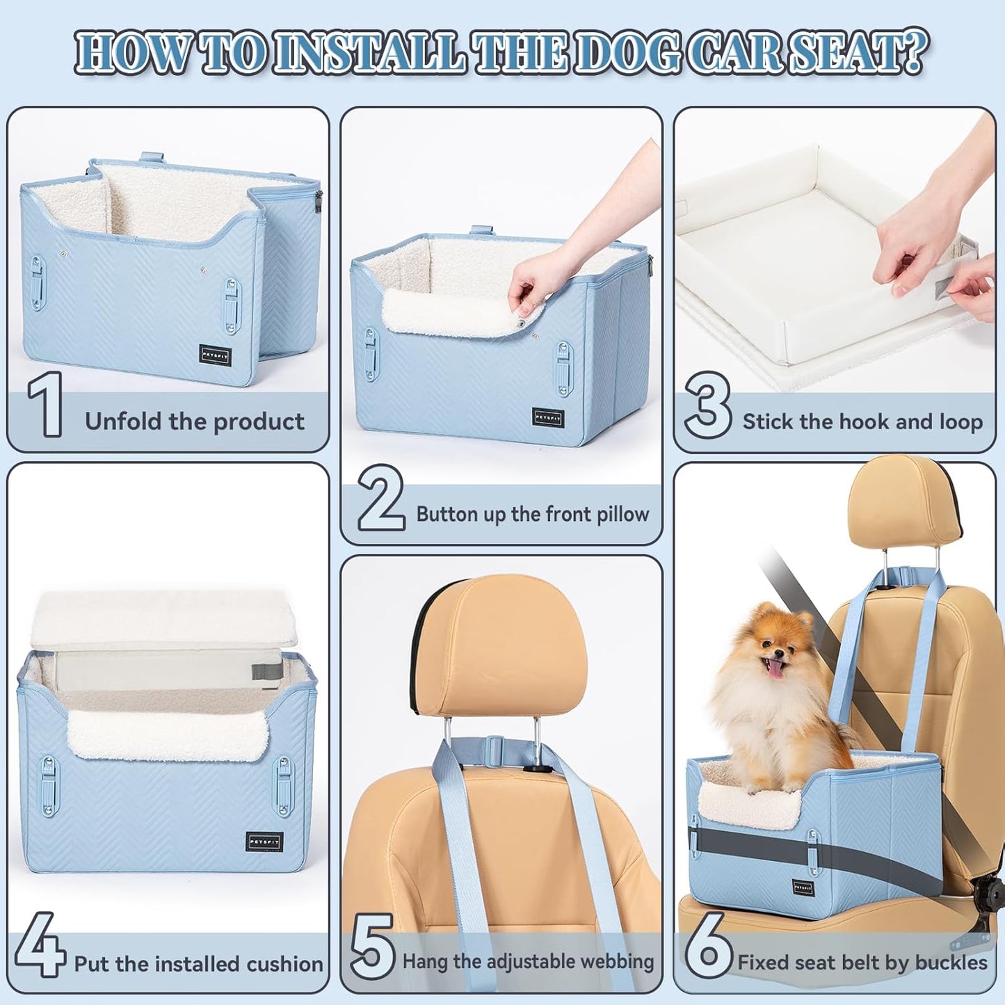 PETSFIT Dog Car Seat Medium Sized Dog, Stable Small Dog Car Seat for Car with Clip-On Leash, Fleece Liner Suitable for Small Pets Up to 25lbs (Blue) - Pet Explorer