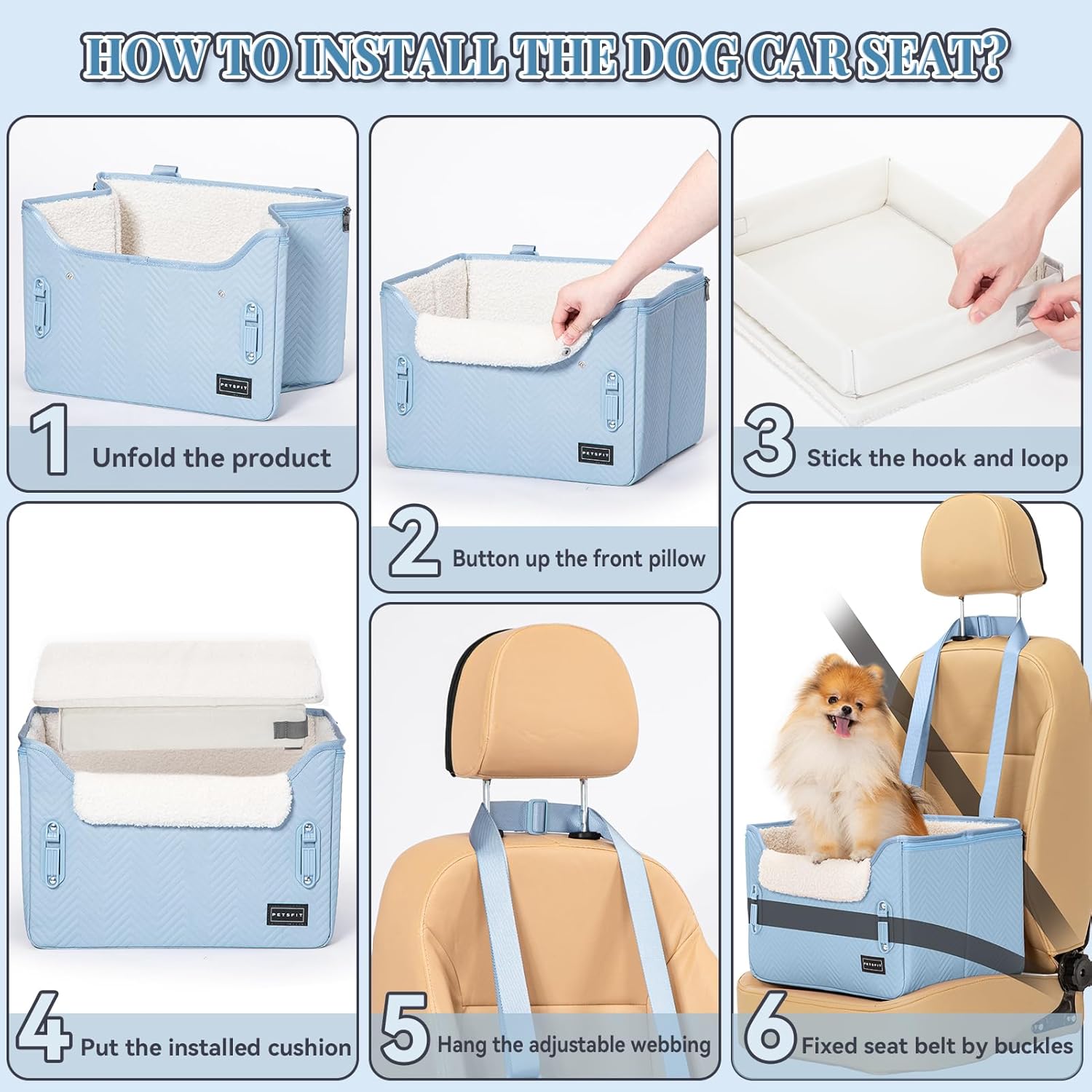 PETSFIT Dog Car Seat Medium Sized Dog, Stable Small Dog Car Seat for Car with Clip-On Leash, Fleece Liner Suitable for Small Pets Up to 25lbs (Blue) - Pet Explorer