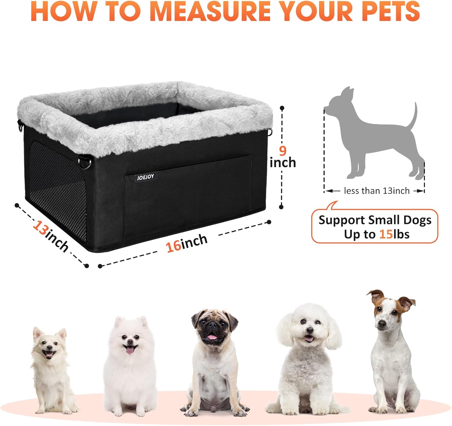 JOEJOY Deluxe Dog Booster Seat with Sturdy Metal Frame and Safety Leash for Small Pets up to 20 lbs - Portable Puppy Dog Car Seat with Thick Cushion and Storage Pockets for Small Dogs, Black - Pet Explorer