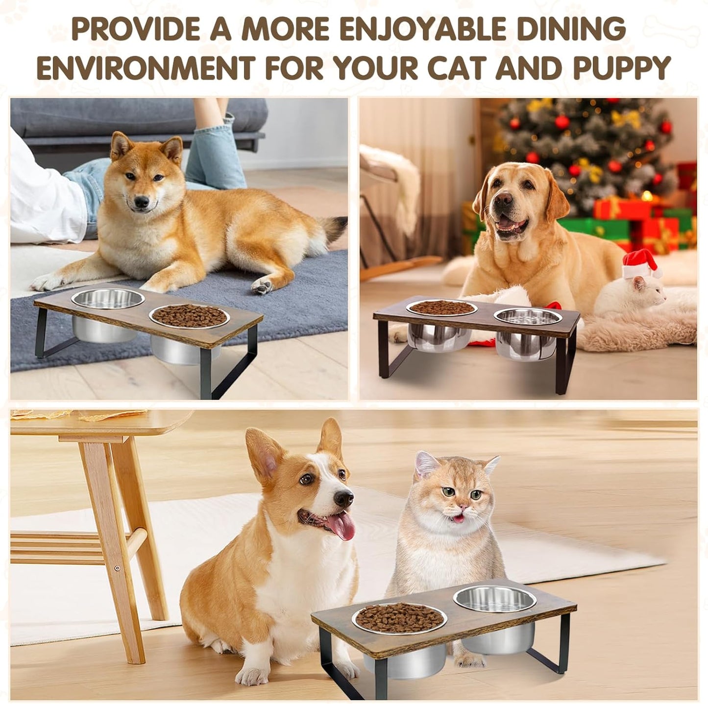 Elevated Dog Bowls for Small Medium Wood Dogs Raised Bowl Stand with 2 Stainless Steel Deep Dog Food and Water Bowls, Anti Vomit, Non-Slip Feeding Dishes(Tilted，3 inches in Height, 40oz - Pet Explorer