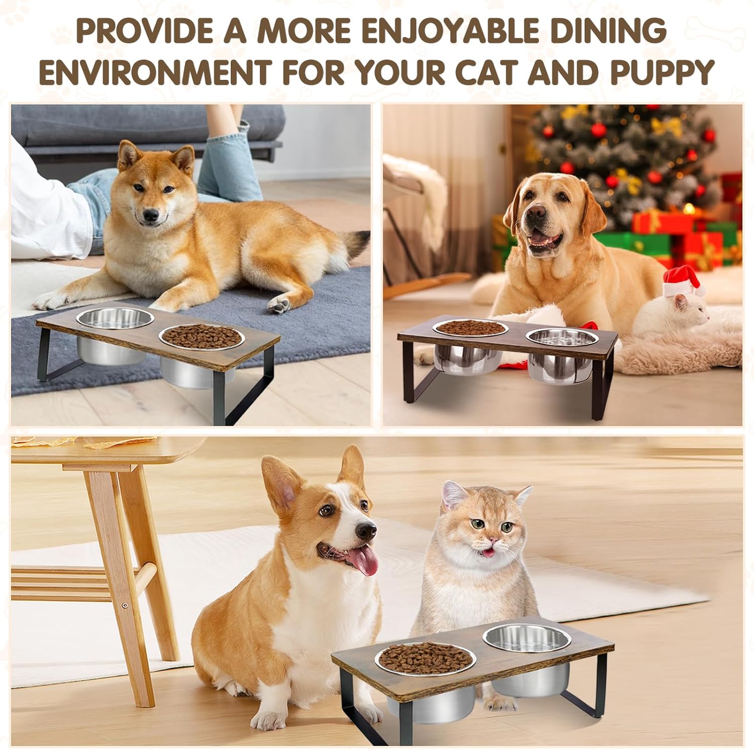 Elevated Dog Bowls for Small Medium Wood Dogs Raised Bowl Stand with 2 Stainless Steel Deep Dog Food and Water Bowls, Anti Vomit, Non-Slip Feeding Dishes(Tilted，3 inches in Height, 40oz - Pet Explorer