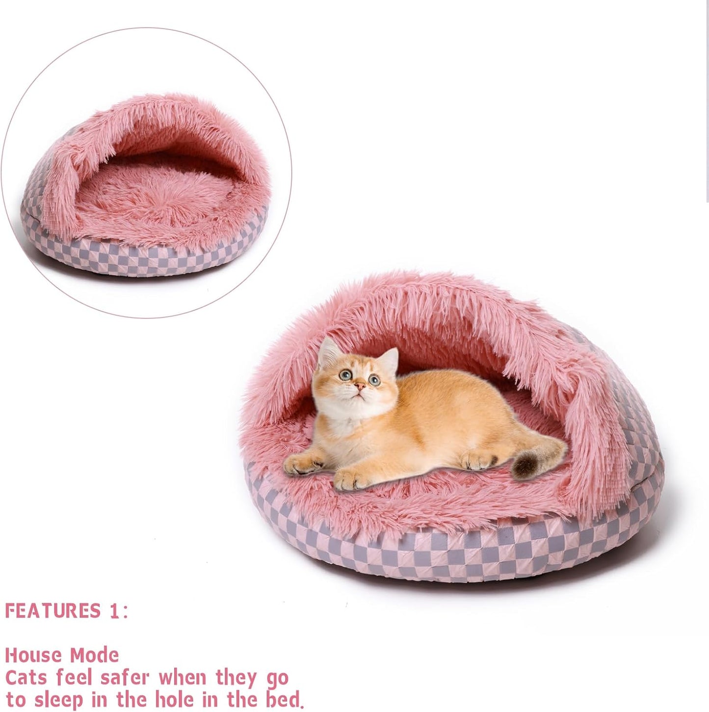 Cat Bed Hooded Plush Nest with Self-Warming Cozy Cave, Calming Anti-Anxiety Pet Bed for Indoor Cats & Small Dogs, Removable Washable Cover & Waterproof Bottom - Pink - Pet Explorer