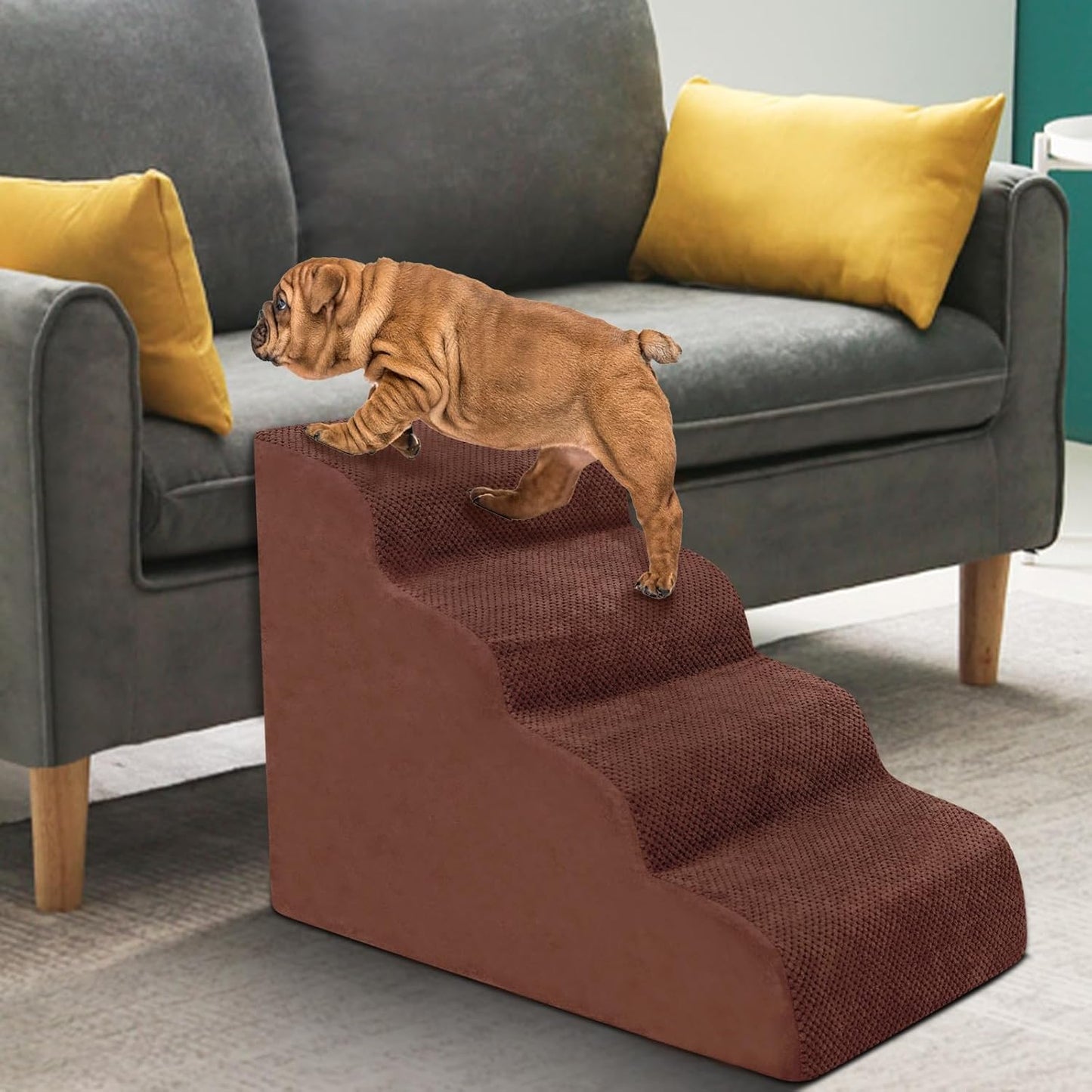 Dog Stairs for Small Dogs - High Density Foam Pet Steps, Extra Wide Dog Ramp with Non-Slip Bottom for High Beds, Couch and Sofa, Best for Dogs Injured, Older Doggy Cats,4 Steps, Brown - Pet Explorer