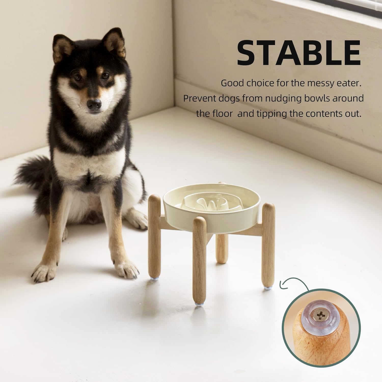 7.3inch Ceramic Raised Slow Feeder Dog Bowl Set, Elevated Wooden Stand for Medium and Small Dog, Puzzle Slow Dish, Anti-Gulping(Beige, Single Bowl+ Stand) - Pet Explorer