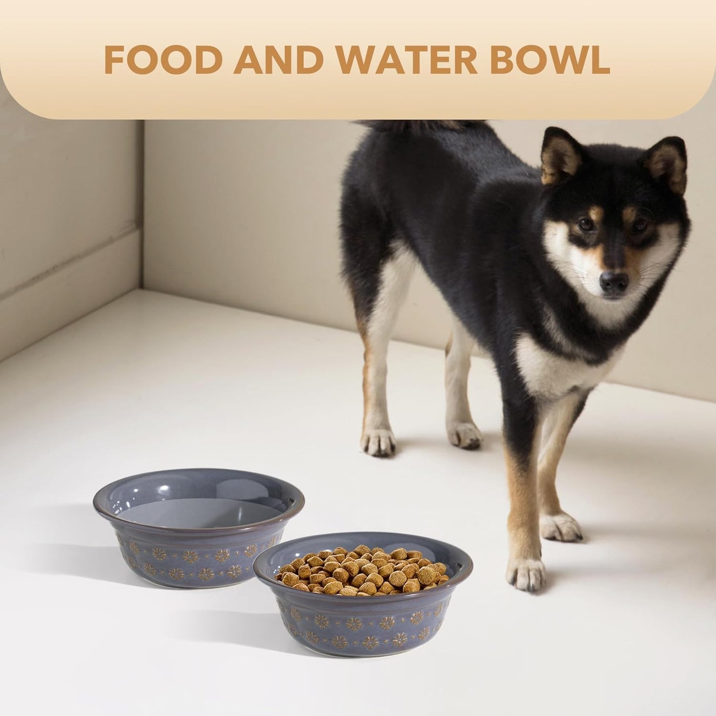 Ceramic 7.1inch Set of 2 Dog Bowls for Medium and Large Dog, 2pcs Basic Food and Water Dishes for Replacement, Wide Opening Rounded Edge (2 Bowls, Reactived Glaze -Grey) - Pet Explorer