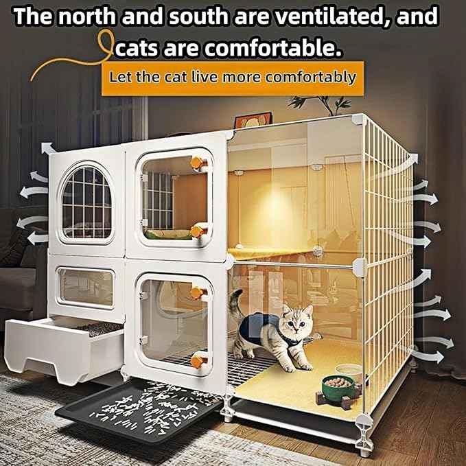 Indoor cat cage with Litter Box, Complimentary Cat Bed, Bow,lcat House with Wheels Outdoor,Large cat Villa Playpen, Small Animal Dog Kennel cat enclosures (42″(L) x18.2″(W) x46.2″(H))
