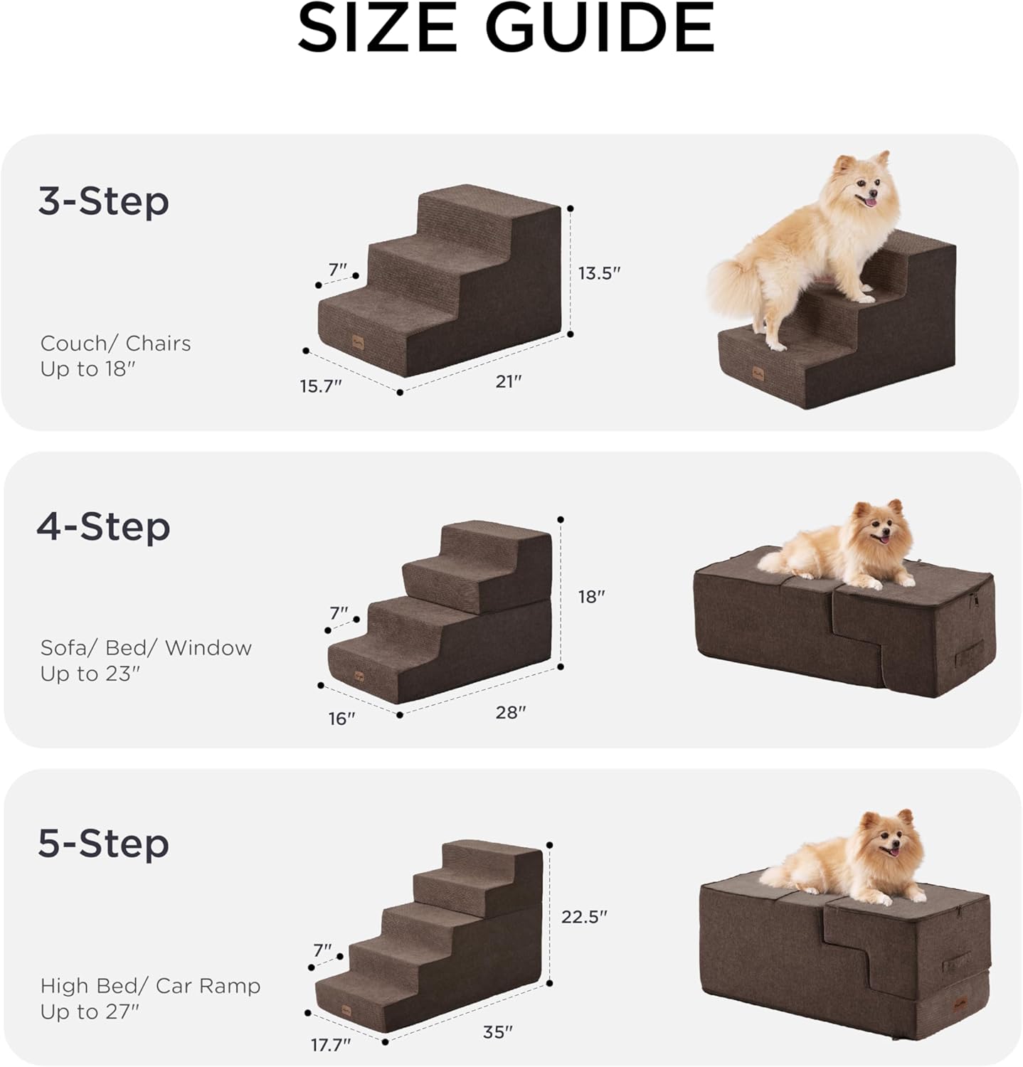 Made4Pets Dog Steps for Bed, Extra Wide Dog Stairs for High Bed Couch Sofa, 35D Foam Pet Steps for Small Dogs and Cats, Non-Slip Bottom Pet Stairs, Brown, 4 Steps - Pet Explorer