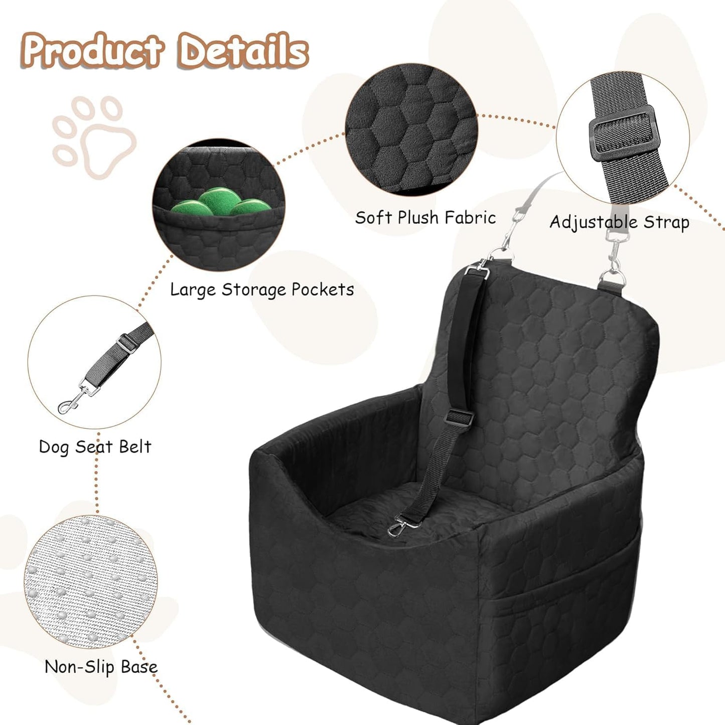 Dog Car Seat for Small/Medium Dogs - Dog Booster Seat with Safety Straps & Non-Slip Base, Travel Pet Car Seat with Storage Pockets, Washable & Removable, Suitable for Dogs Under 35 lbs (Black) - Pet Explorer
