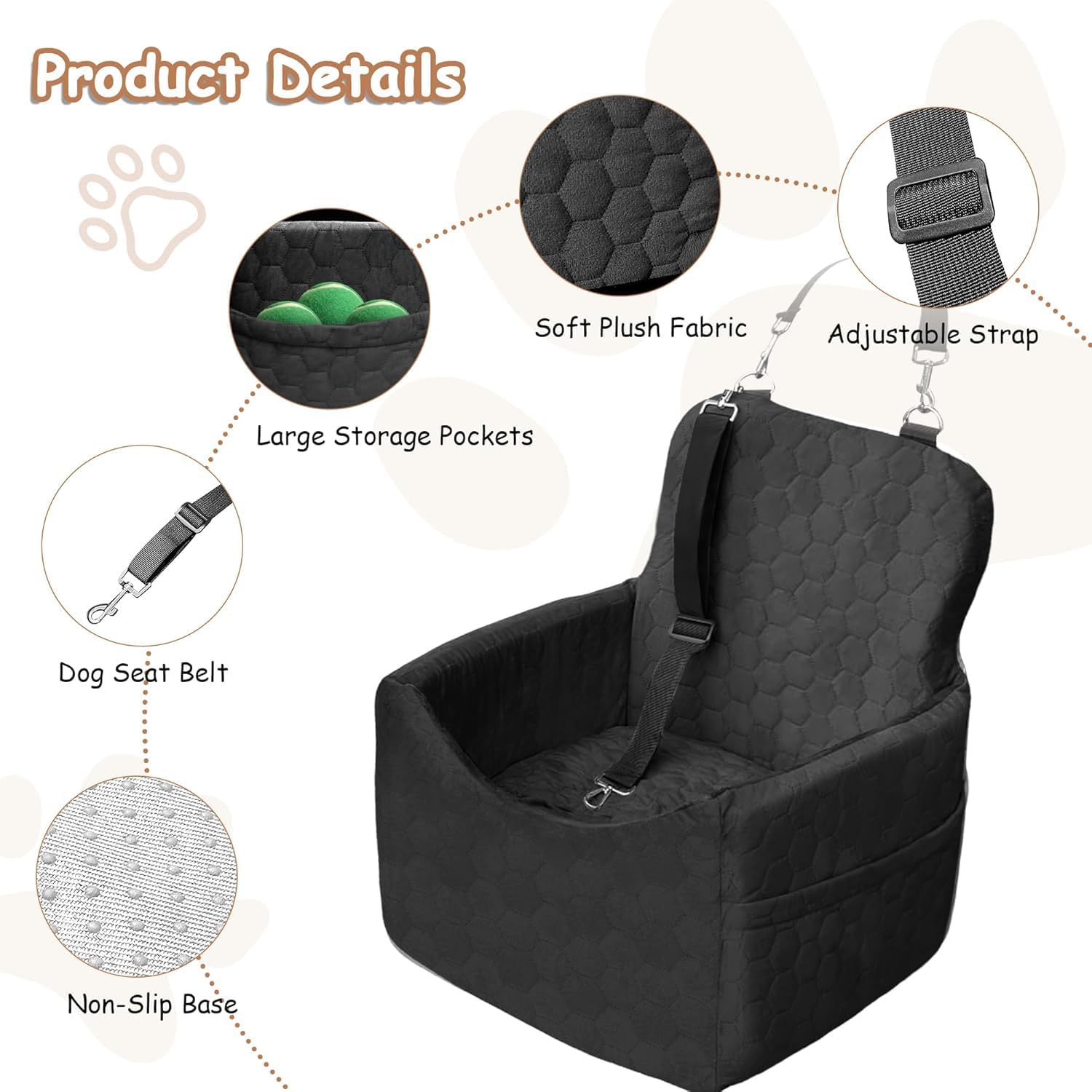 Dog Car Seat for Small/Medium Dogs - Dog Booster Seat with Safety Straps & Non-Slip Base, Travel Pet Car Seat with Storage Pockets, Washable & Removable, Suitable for Dogs Under 35 lbs (Black) - Pet Explorer