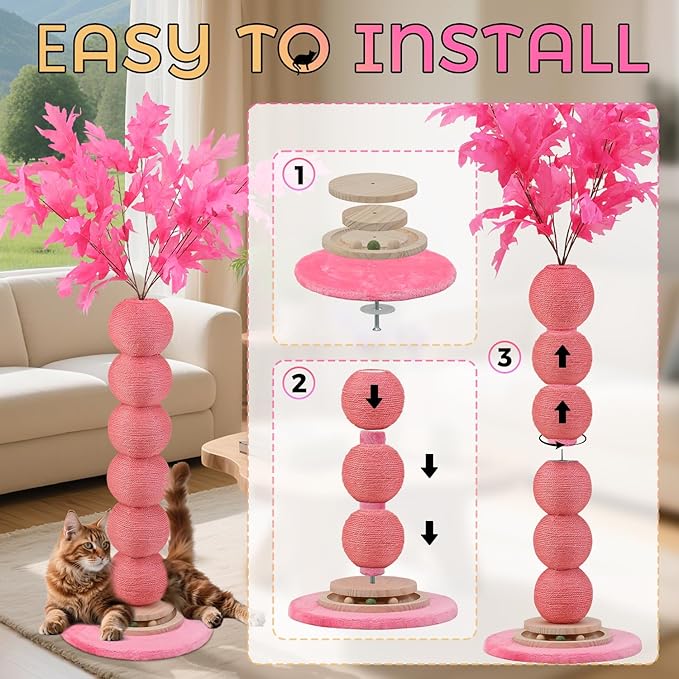 EMUST 47" Tall Cat Scratching Post, 5.9 Inch Diameter Scratching Posts for Indoor Cats Adults with Nature Sisal Rope, Cat Tree Scratcher Post with Interactive Ball Track for Kitten Large Cats