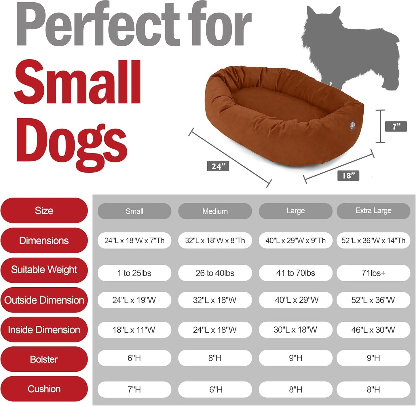 Majestic Pet 24 Inch Suede Shredded Memory Foam Mix Calming Small Dog Bed Washable 24 x 19 x 7 (Inch) - Cozy Soft Round Donut Dog Bed with Spine for Head Support - Pet Bed Rust - Pet Explorer
