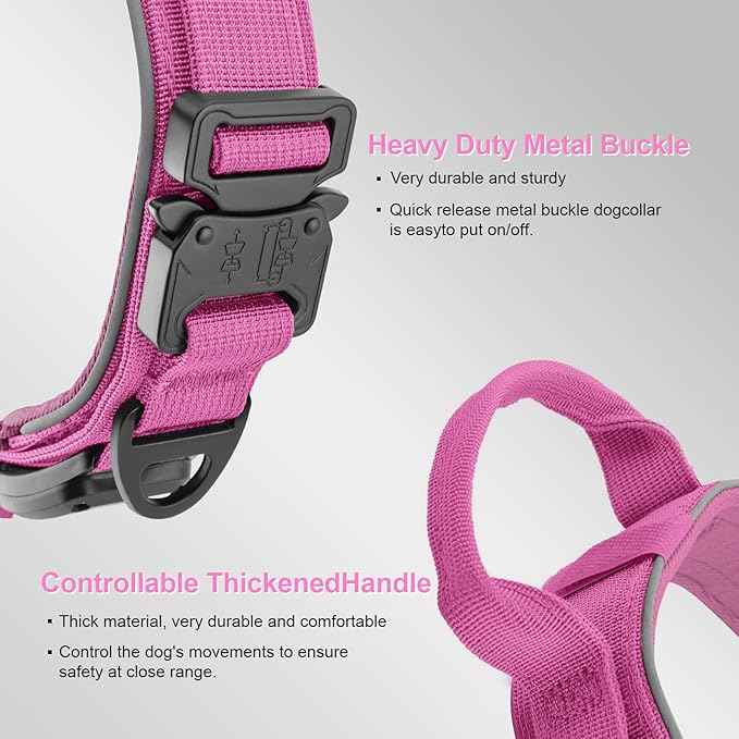 2026 Upgrade Dog Collar with IPX8 Waterproof AirTag Holder,Military Tactical Comfortable Control Handle and Ultra-Durable Metal Buckle/Night Reflective,GPS Collar for Medium to Large Dogs（Pink/M）