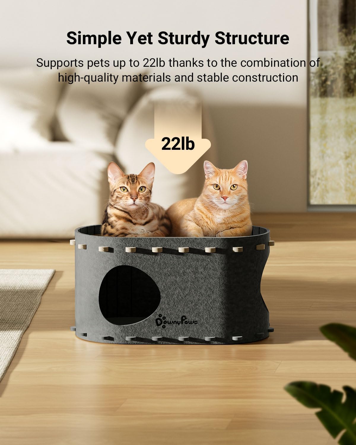DownyPaws Cat House for Indoor Cats, Cat Bed Cave for Multiple & Large Cats Up to 22 Lbs, Scratch Resistant Peekaboo Cat Caves, Foldable Tunnel Enclosed Bed, PeekaPurr, Sesame Gray - Pet Explorer