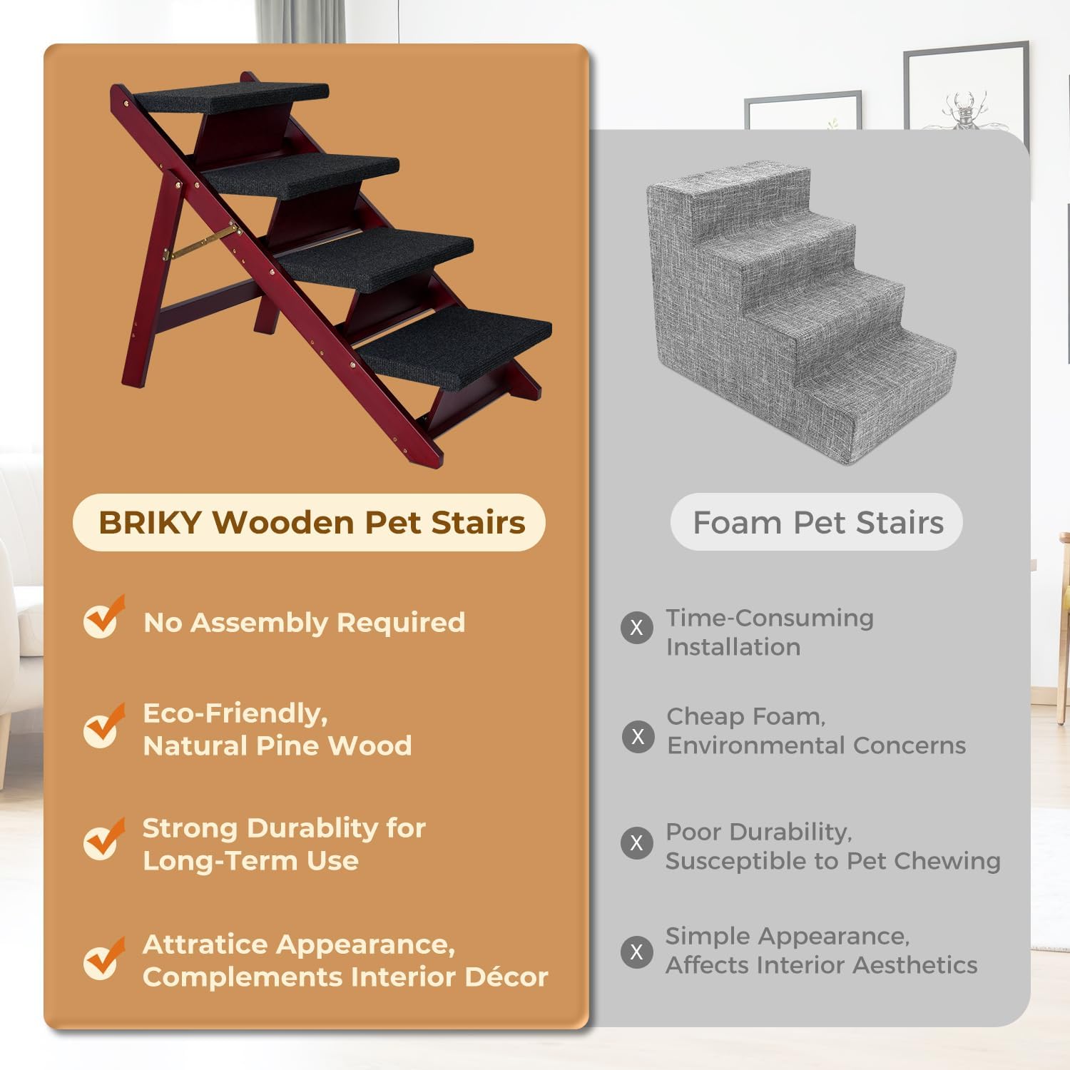 BRIKY Wooden Dog Stairs/Steps - Foldable 4 Steps Dog Steps for High Bed Couch Cars, Non-Slip Pet Stairs for Small Large Medium Dogs and Cats, No Assembly Required - Pet Explorer
