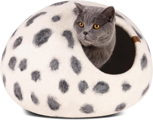 MEOWFIA Cat Cave – Premium Felt Cat Bed for Indoor Cats, Handmade 100% Merino Wool (Medium, Snow Leopard) - Pet Explorer