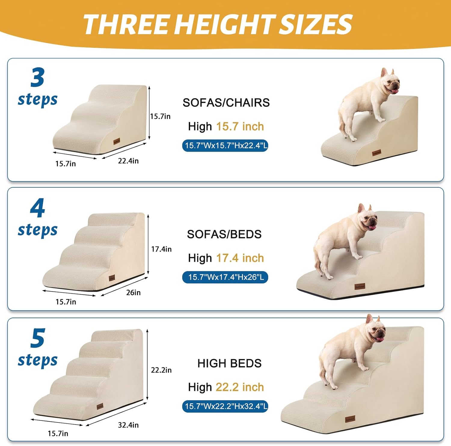 4-Step Dog Stairs and Ramp for Beds or Couches,Non-Slip Sturdy Pet Steps for Small Dogs and Cats,17.4" H,Beige - Pet Explorer