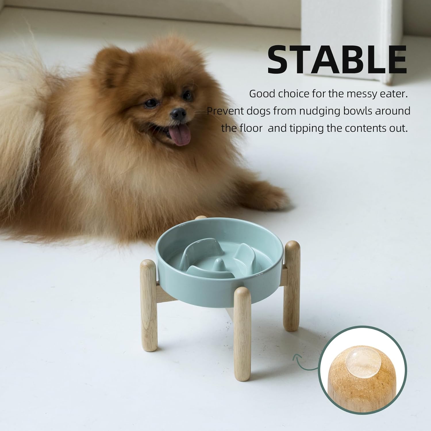 6.1inch Ceramic Raised Slow Feeder Dog Bowl Set, Elevated Wooden Stand for Small Dog and Cat, Puzzle Slow Dish, Preventing Choking(Light Green, Single Bowl+ Stand) - Pet Explorer
