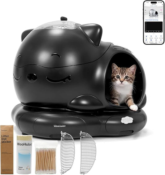 Automatic Cat Litter Box, Semi-Open Large Capacity with Triple Odor Removal System, App Control and Health Monitor, Safety Sensor, Cute Self Cleaning Litter Box for Multiple Cats (Black)