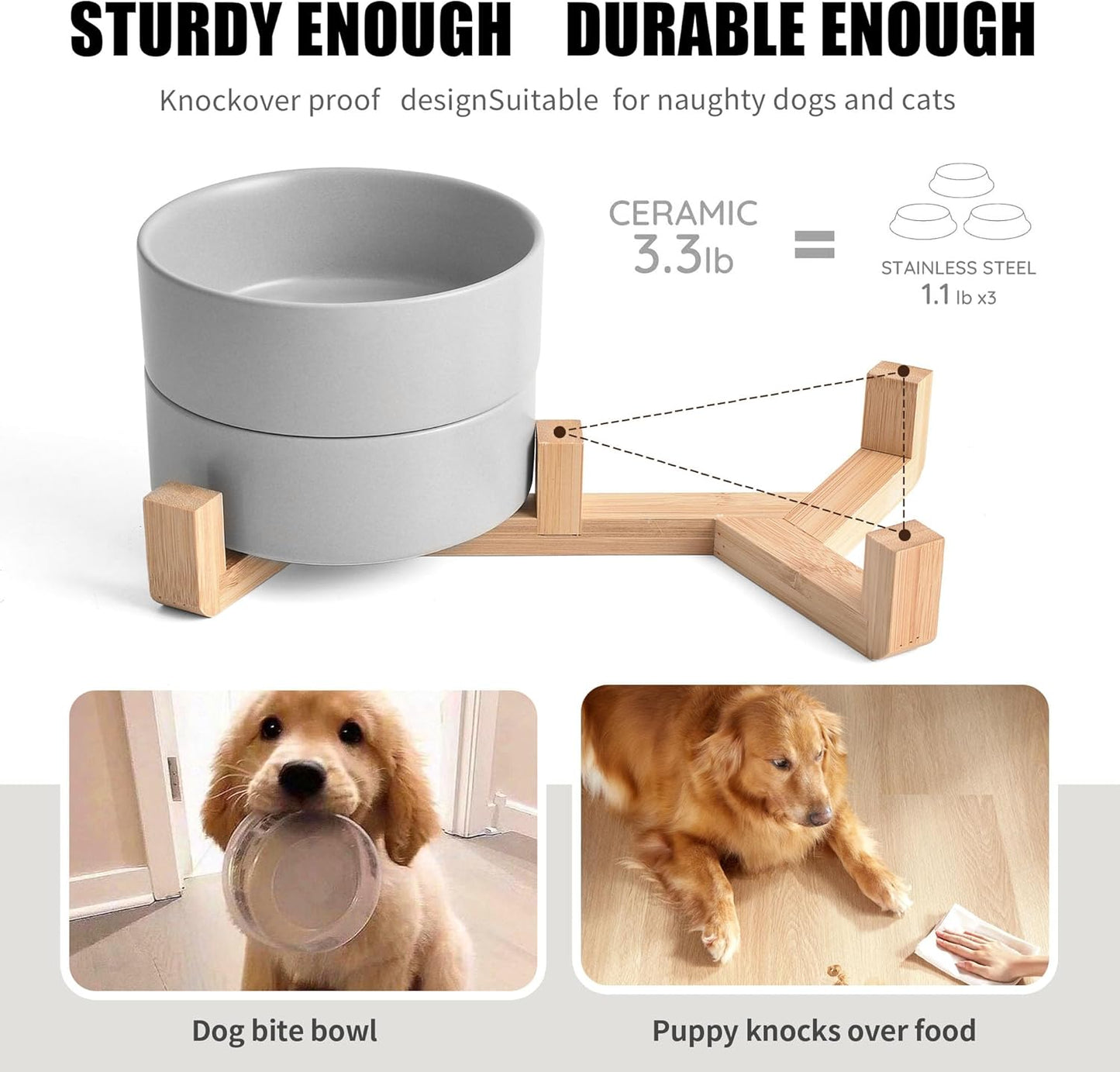 Grey Ceramic Dog & Cat Bowl Set – 13.5 OZ with Wooden Stand, Non-Slip, Elevated Design for Small Dogs & Cats – 2 Bowls (Food & Water, Ceramic Pet Bowls, Modern Dog Bowls) - Pet Explorer
