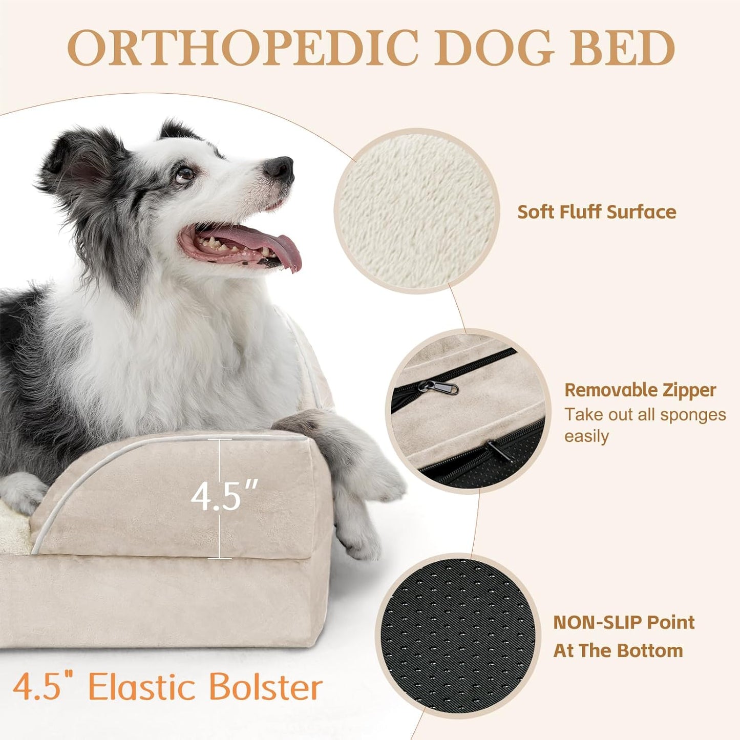 Comfort Expression Waterproof Dog Beds for Large Breed Dogs, Large Dog Beds Orthopedic Foam, Comfy Pet Bed Sofa with Washable Removable Cover & Non-Slip Bottom(Beige) - Pet Explorer