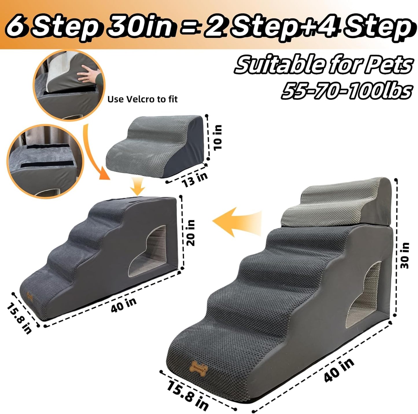 dog stairs for small dogs to 30 inches high beds, 6 step dog ramp stair for 18-36 inches couch-bed,pet stairs for small old meduim large dogs cats,Non-Slip balanced 6 tiers ladder,75 pounds Studry 33D - Pet Explorer
