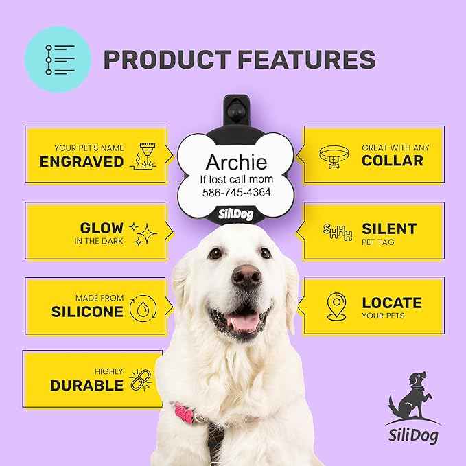 SiliDog AirTag Holder Silent Dog ID Tag – Personalized Engraved Silicone Pet Tag – Durable, Glow-in-The-Dark – Red Bone