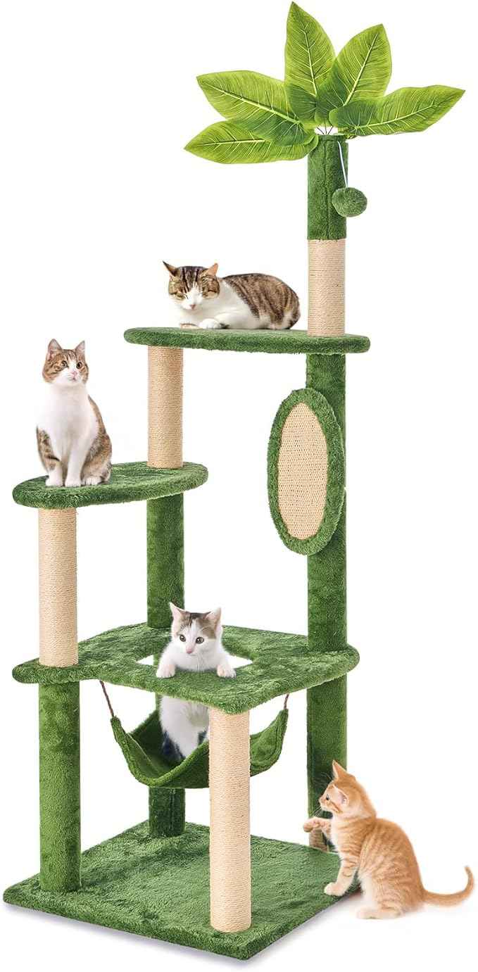 55 Inch Large Cat Tree Tower for Indoor Cats with Hammock Green Leaves Sisal Scratching Post, Plush Hang Ball Play Furniture for Kittens & Adult Cats, Green