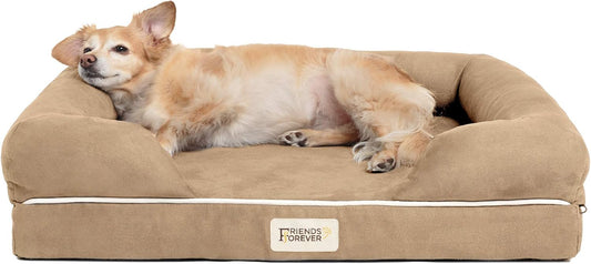 Friends Forever Small Dog Bed, Orthopedic Sofa Memory Foam Mattress, Calming Couch, Wall Rim Pillow, Water Resistant Liner, Washable Cover, Non-Slip Bottom, Chester, Small Khaki Beige - Pet Explorer
