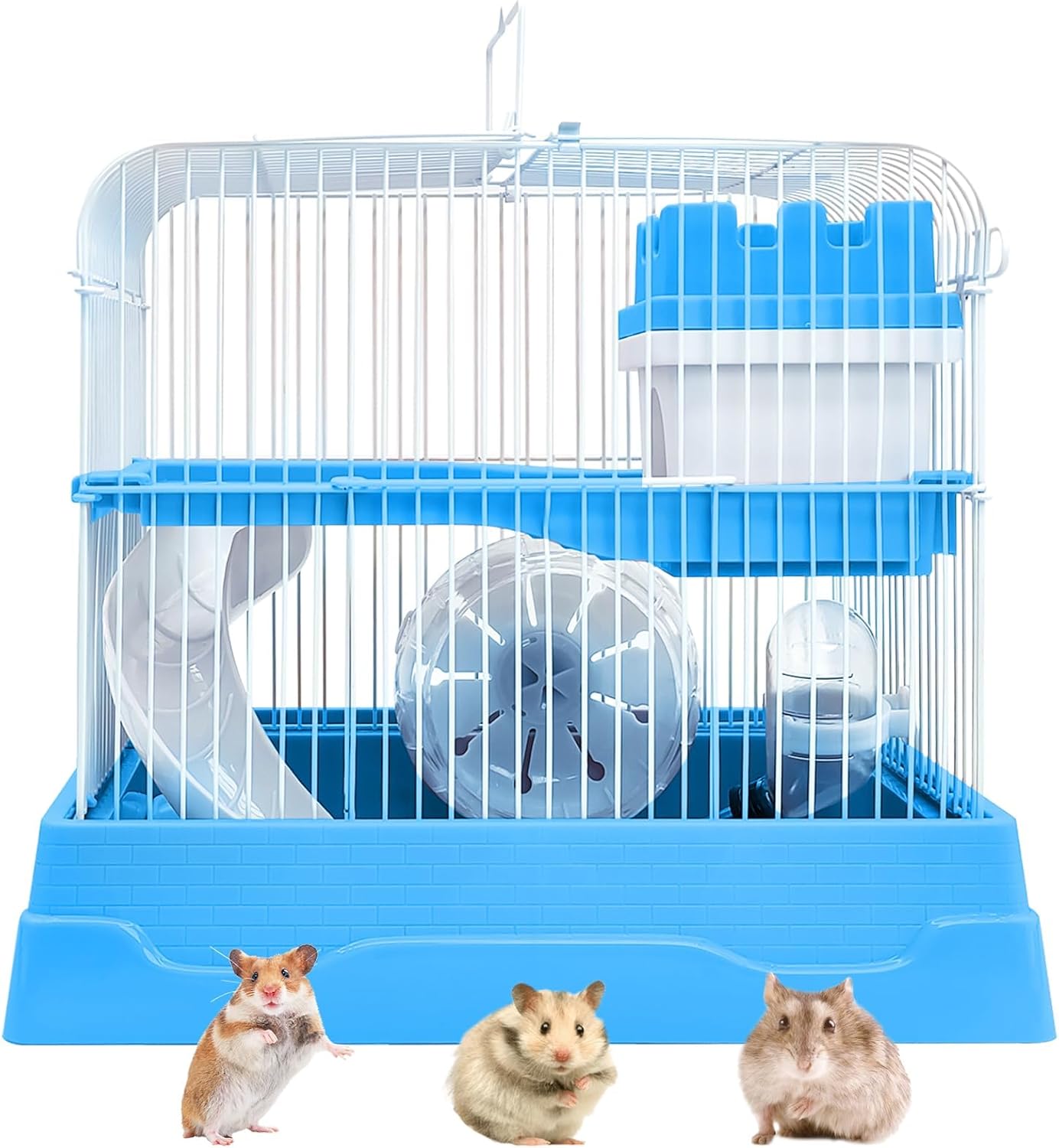 PINVNBY 2-Tier Dwarf Hamster Cage, Travel Portable Mouse Cage Gerbil Cages and Habitats Small Animal Carrier with Castle House Running Exercise Wheels, Water Bottle and Food Dish(Gray) - Pet Explorer