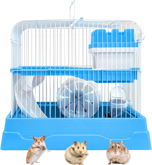 PINVNBY 2-Tier Dwarf Hamster Cage, Travel Portable Mouse Cage Gerbil Cages and Habitats Small Animal Carrier with Castle House Running Exercise Wheels, Water Bottle and Food Dish(Gray) - Pet Explorer