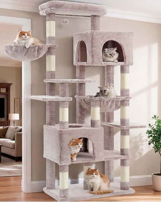 Heybly Cat Tree, 76-Inch Tall Heavy Duty Cat Tower for Big Cats with Extra Wide Baseboard, Multi-Level Large Cat Furniture with 2 Condos & 2 Hammocks, 10 Scratching Posts, Muchroom HCT039MU