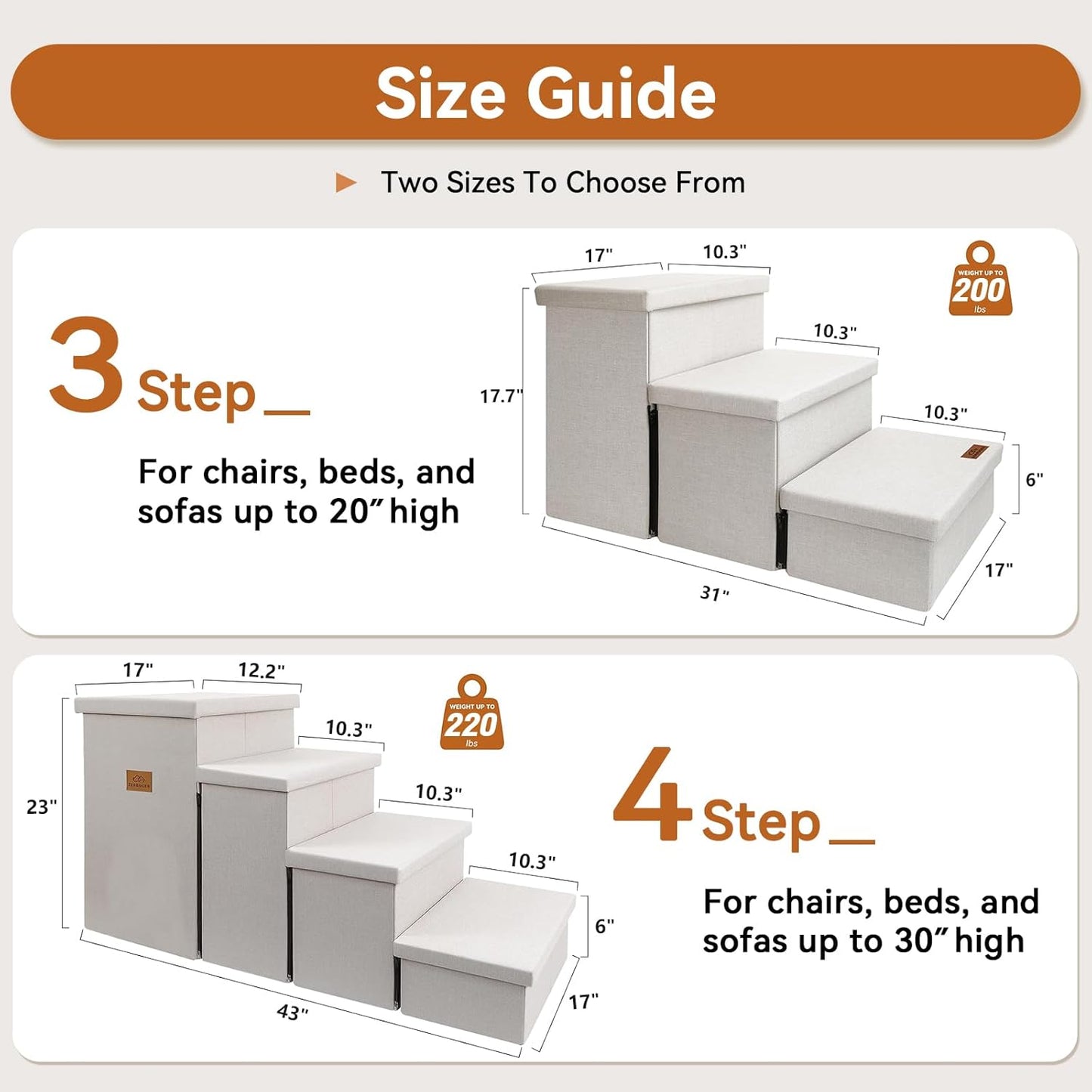 Dog Stairs with Storage 18" H, 3-Step Wider Dog Steps for Small/Medium/Large Old Dogs Cats, Folding Sturdy Pet Stairs Climbing Bed or Couch, Ramp for Car Up to 200 lbs (Beige, No Condo) - Pet Explorer