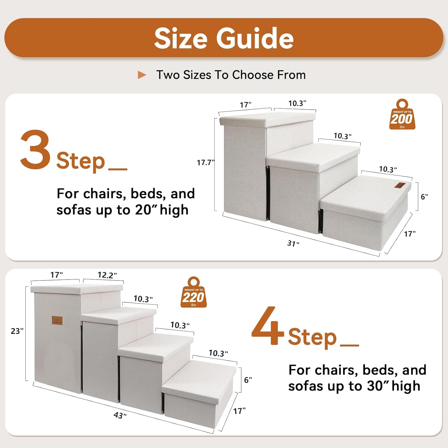 Dog Stairs with Storage 18" H, 3-Step Wider Dog Steps for Small/Medium/Large Old Dogs Cats, Folding Sturdy Pet Stairs Climbing Bed or Couch, Ramp for Car Up to 200 lbs (Beige, No Condo) - Pet Explorer
