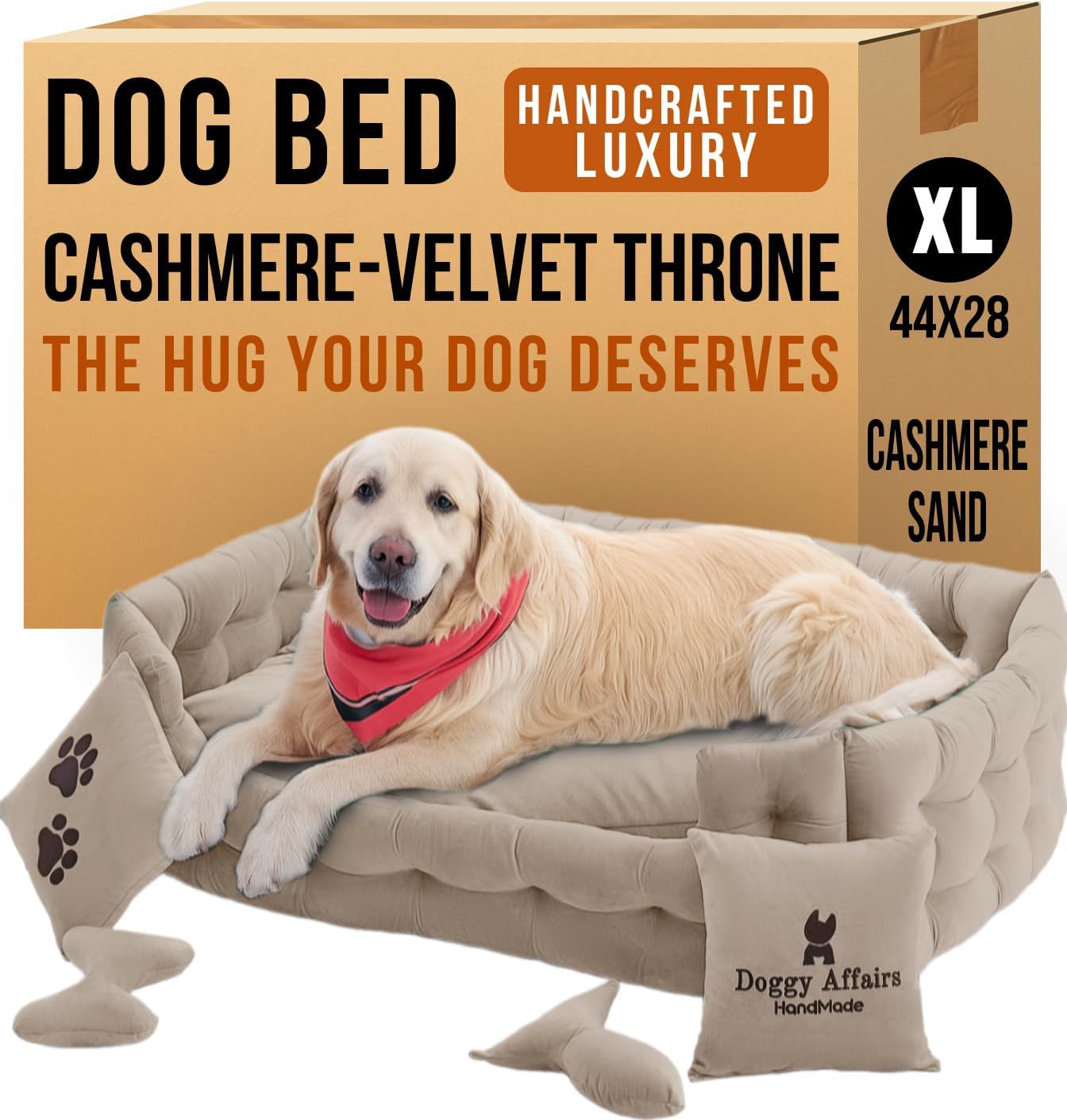 Luxury Dog Bed Chesterfield – Handcrafted Velvet Throne for Dogs | Joint Support, Calming & Temp-Regulating Comfort | Durable 5+ Years, Anti-Claw, Washable 100+ Times – XL, Ivory - Pet Explorer