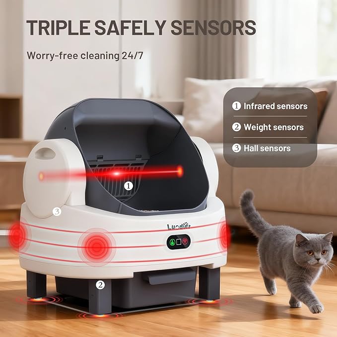 Self Cleaning Cat Litter Box, Open-Top Large Automatic Litter Box for Multiple Cats with Safety Sensors, Includes Liner Bags and Litter Mat White