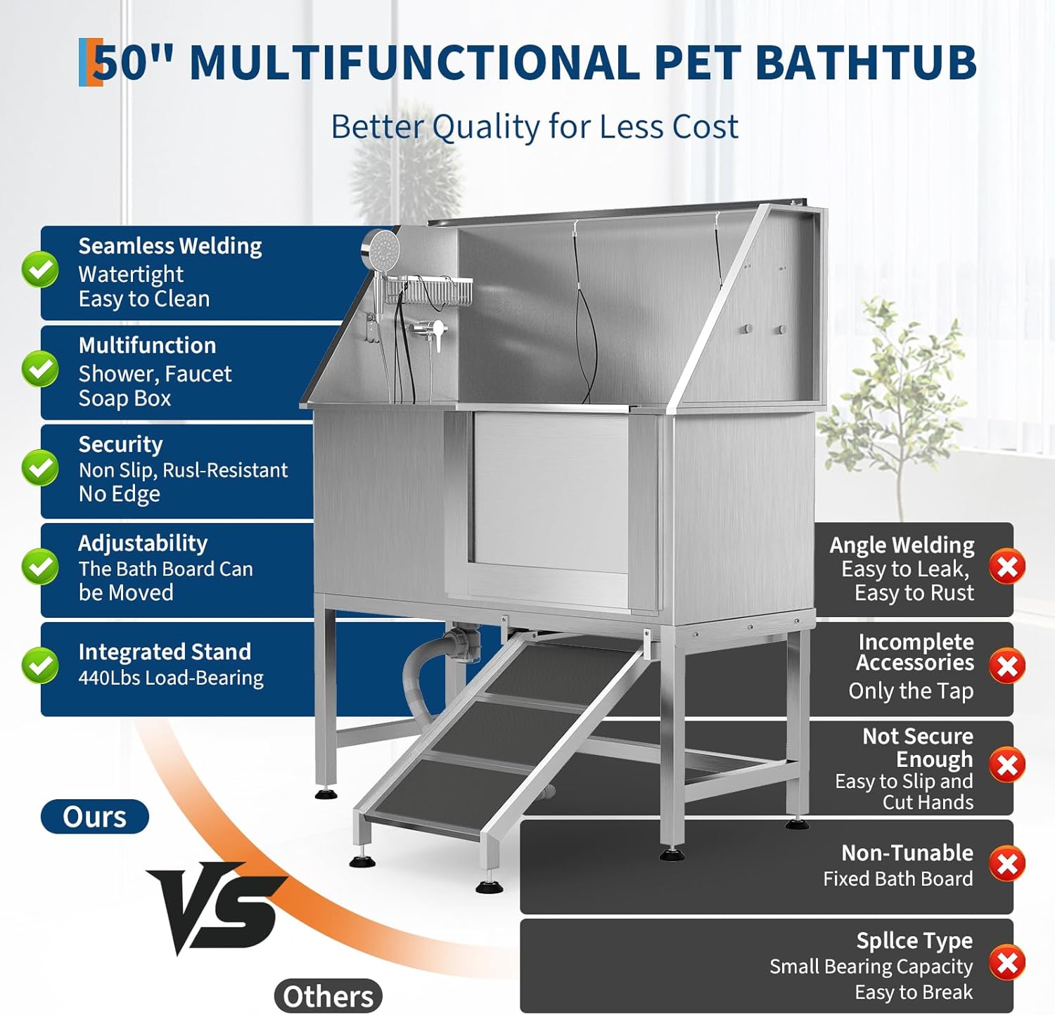 50" Stainless Steel Professional Dog Washing Station - Pet Bathing Tub w/Non-Slip Ramps | Slip-Resistant Floor Grate | for Large/Medium/Small Dogs - Pet Explorer