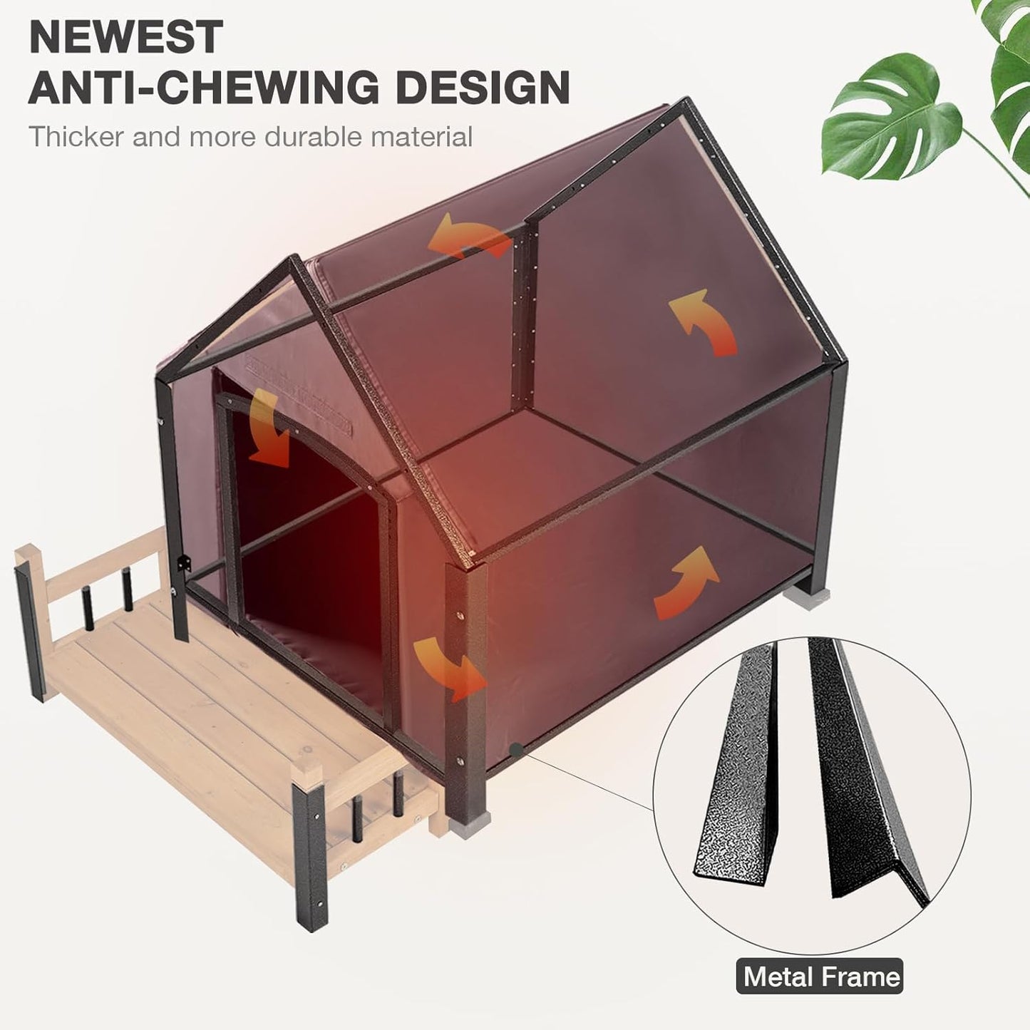 Dog House with Insulated Liner Outdoor Indoor All-Around Iron Frame Design Dog House with Porch＆Raised Feet for Small Medium Large Dogs（Brown） - Pet Explorer