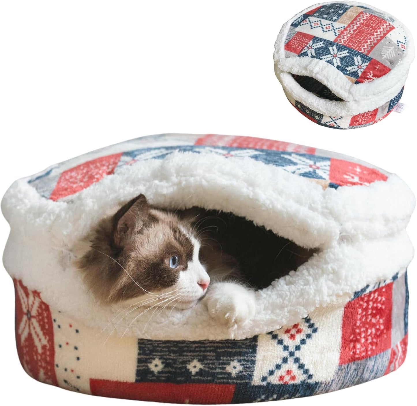 Cat Cave Bed – Plush, Warm & Calming Hideaway with Detachable Lid & Mat, Covered House for Indoor Kitten & Kitty (Snow) - Pet Explorer