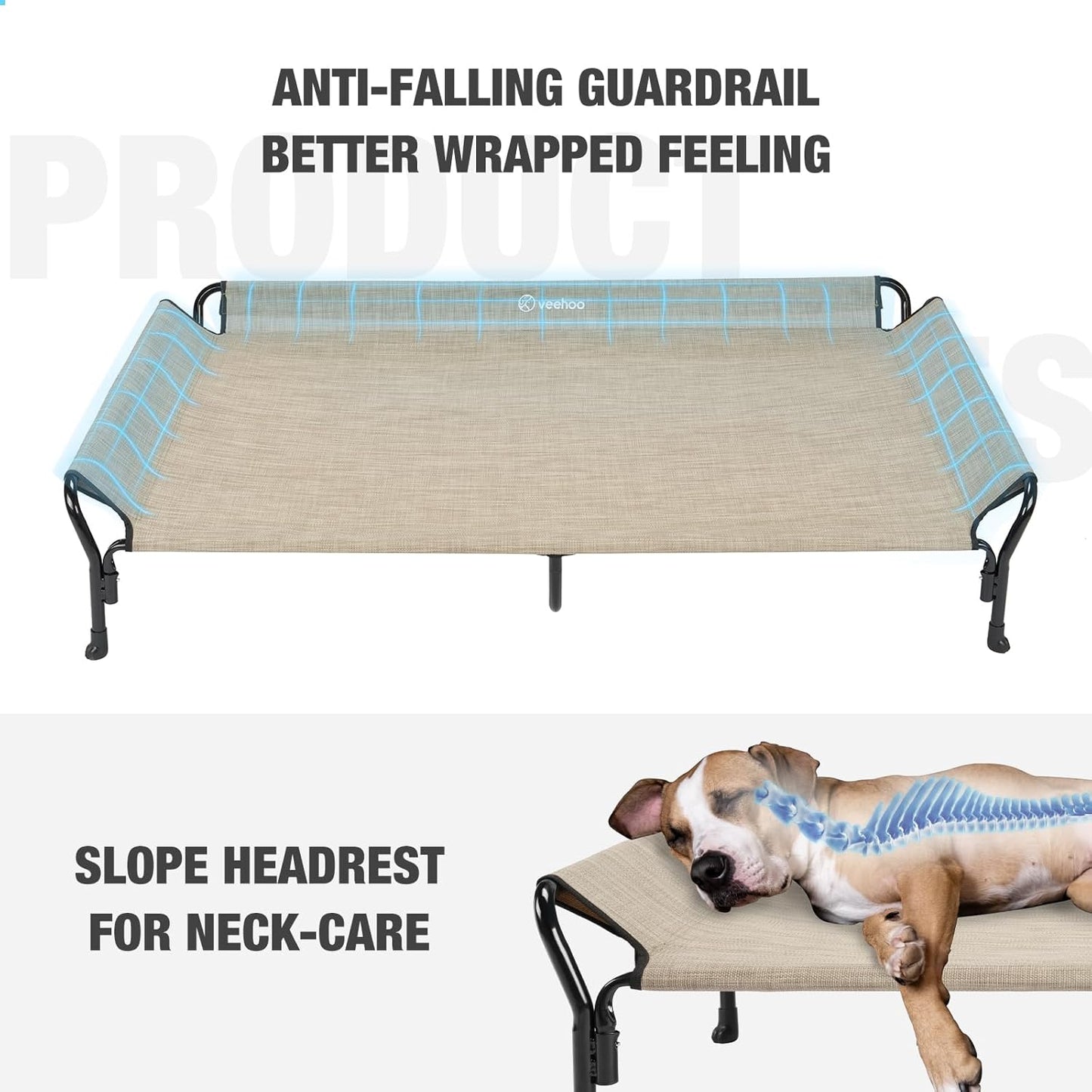 Veehoo Cooling Elevated Dog Bed, Guardrail Raised Pet Cot, Indoor & Outdoor XXL Pet Bed with Washable & Breathable Teslin Mesh, Non-Slip Feet, Dog Couch Bed, 62.5" x 37", Beige Coffee - Pet Explorer
