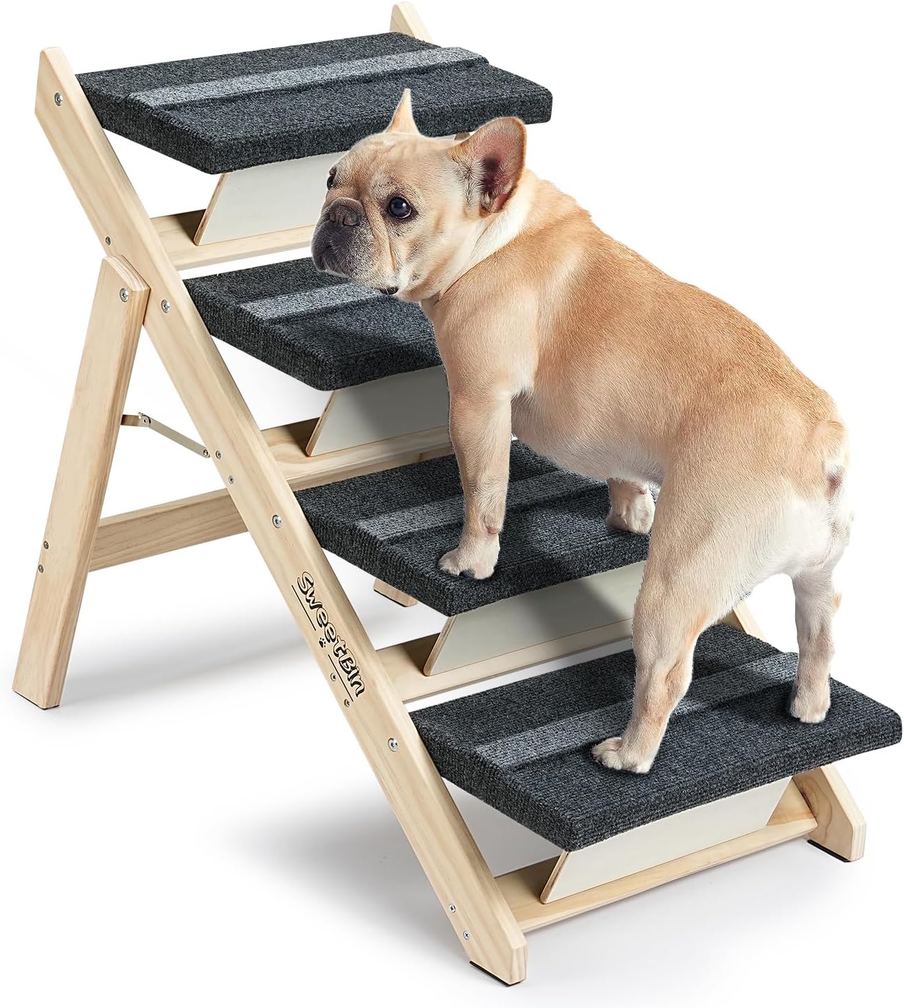 Wood Pet Stairs/Pet Steps for All Dogs and Cats - 2-in-1 Foldable Carpeted 4 Tiers Dog Stairs & Ramp Perfect for Beds and Cars - Portable Dog/Cat Ladder Up to 150 Pounds - Pet Explorer