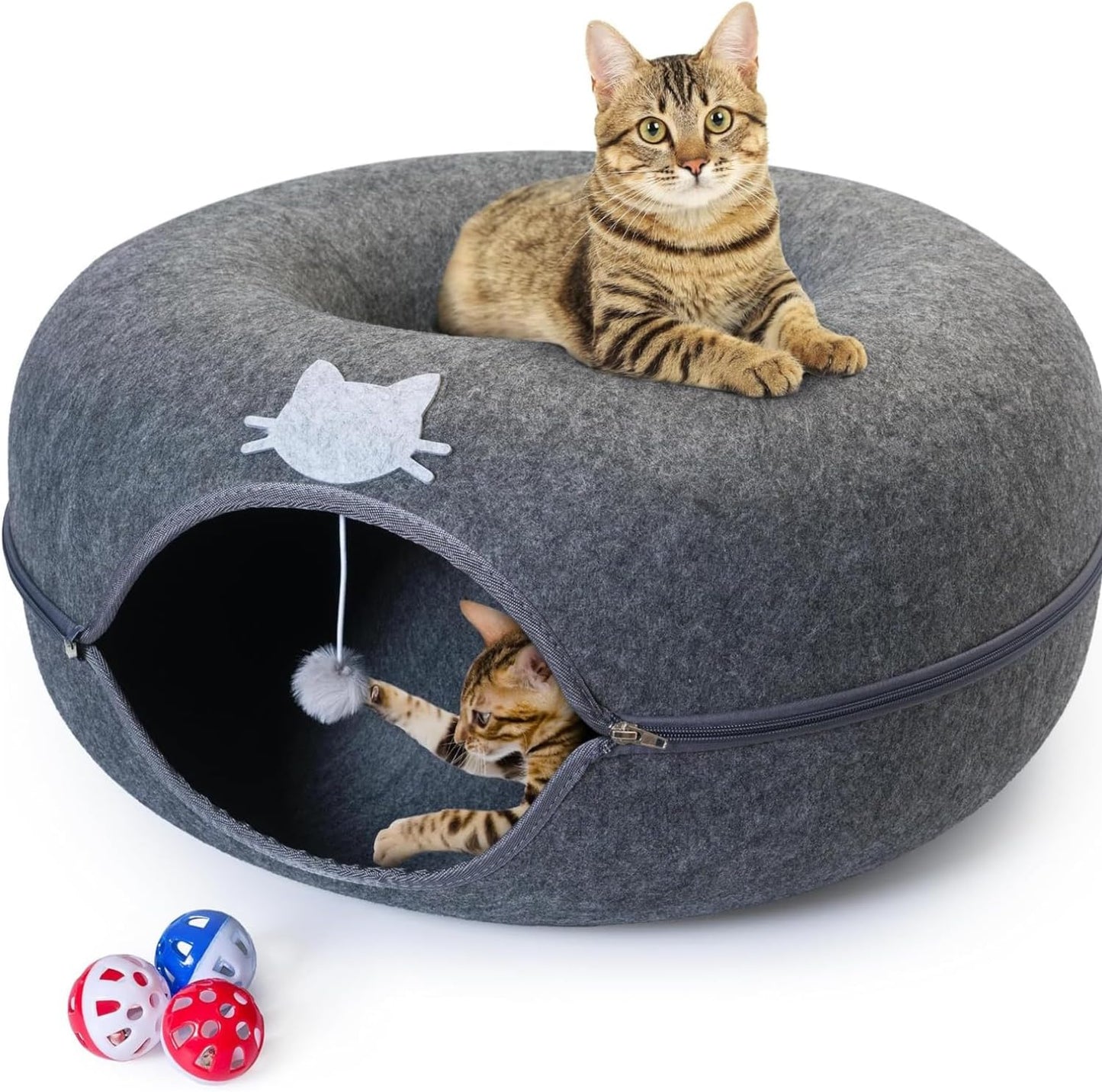 Meow Mansion Large Cat Cave Donut - Cat Tunnel; up to 30lbs - 3 Toy Balls & Hanging Ball Included - Scratch Resistant, Detachable and Cleanable Cat Donut Bed - Pet Explorer