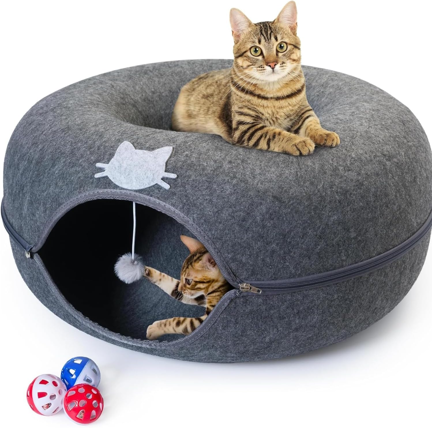 Meow Mansion Large Cat Cave Donut - Cat Tunnel; up to 30lbs - 3 Toy Balls & Hanging Ball Included - Scratch Resistant, Detachable and Cleanable Cat Donut Bed - Pet Explorer