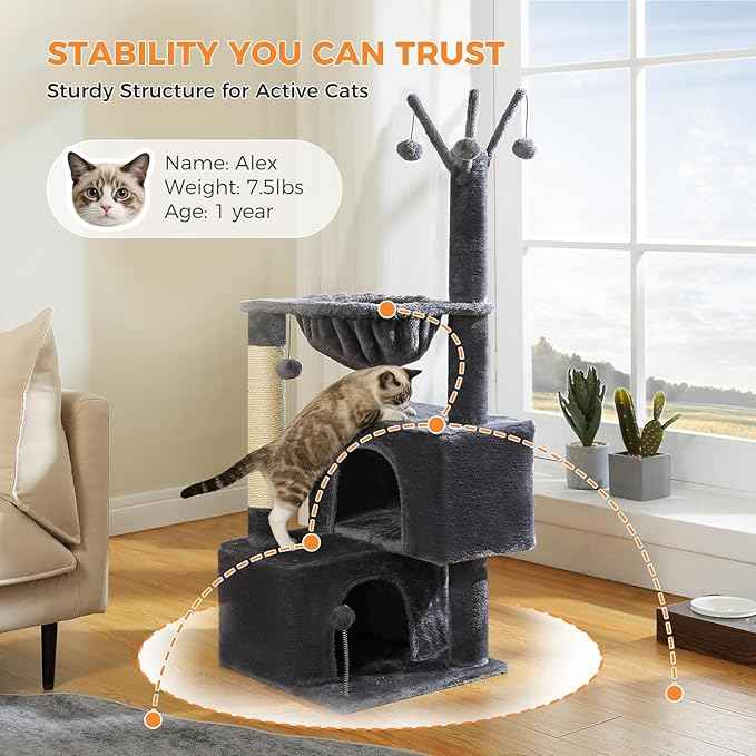 Cat Tree 45" for Indoor Cats, Compact Cat Tower with 2 Condos, Hammock Bed & 5 Hanging Ball Toys, Space-Saving Sturdy Cat Condo Furniture for Kittens & Small-Medium Cats
