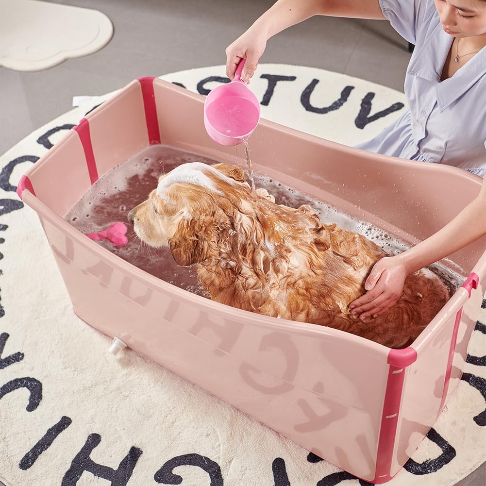 Portable Dog Bathtub for Large Dogs - 48.4Gal Foldable Pet Wash Station with Drain Plug, Insulated & Non-Slip Design for Indoor/Outdoor Bathing, Grooming, Camping（Pink） - Pet Explorer