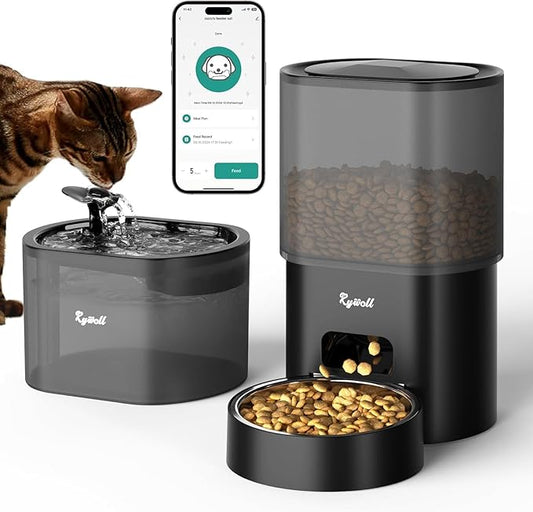 Automatic Cat Feeder and Water Fountain, Rywell 3L WiFi Timed Pet Food Dispenser and 2.5L Water Dispenser with APP for Cats and Dogs, Voice Recorder, Stainless Steel Bowl, Low Noise, Dual Power Supply
