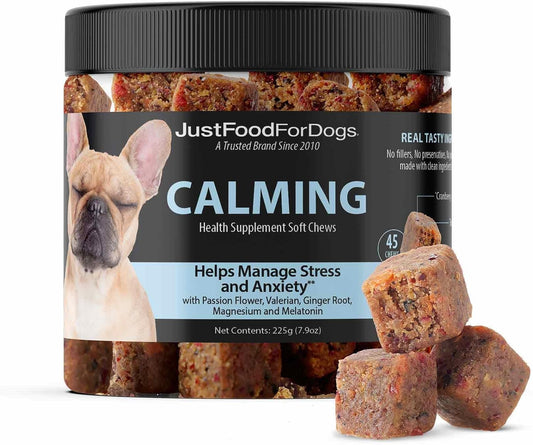 JustFoodForDogs Calming Supplement for Dogs Soft Chew to Support Stress and Anxiety, Melatonin, Relaxation Aid, Human-Grade Ingredients - 45 Count - Pet Explorer