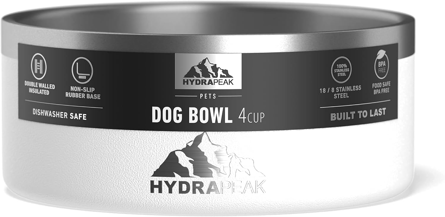 Hydrapeak Dog Bowl; Non Slip Stainless Steel; Water and Food Dish; Large Sized and Small Dogs; 32oz 64oz; Multiple Sizes; 4 Cup | White - Pet Explorer